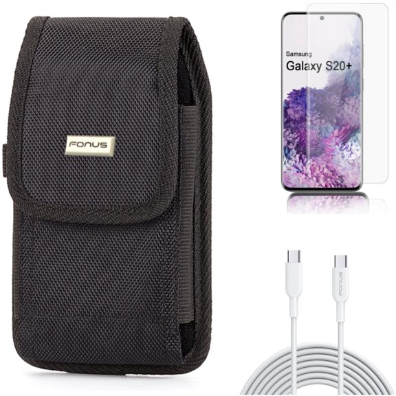 6ft USB-C Cable w Case Belt Clip w Screen Protector for Samsung Galaxy S20 Plus - Type-C Fast Charger Cord, Rugged Holster Canvas, Tempered Glass [Fingerprint Unlock] 3D Curved fits Galaxy S20 Plus
