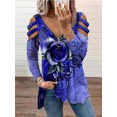 thumbnail image 2 of Franhais Women Rose Print T-shirt, Adults Casual Long Cutout Sleeve Zipper V-neck Pullover Blouse, 2 of 4
