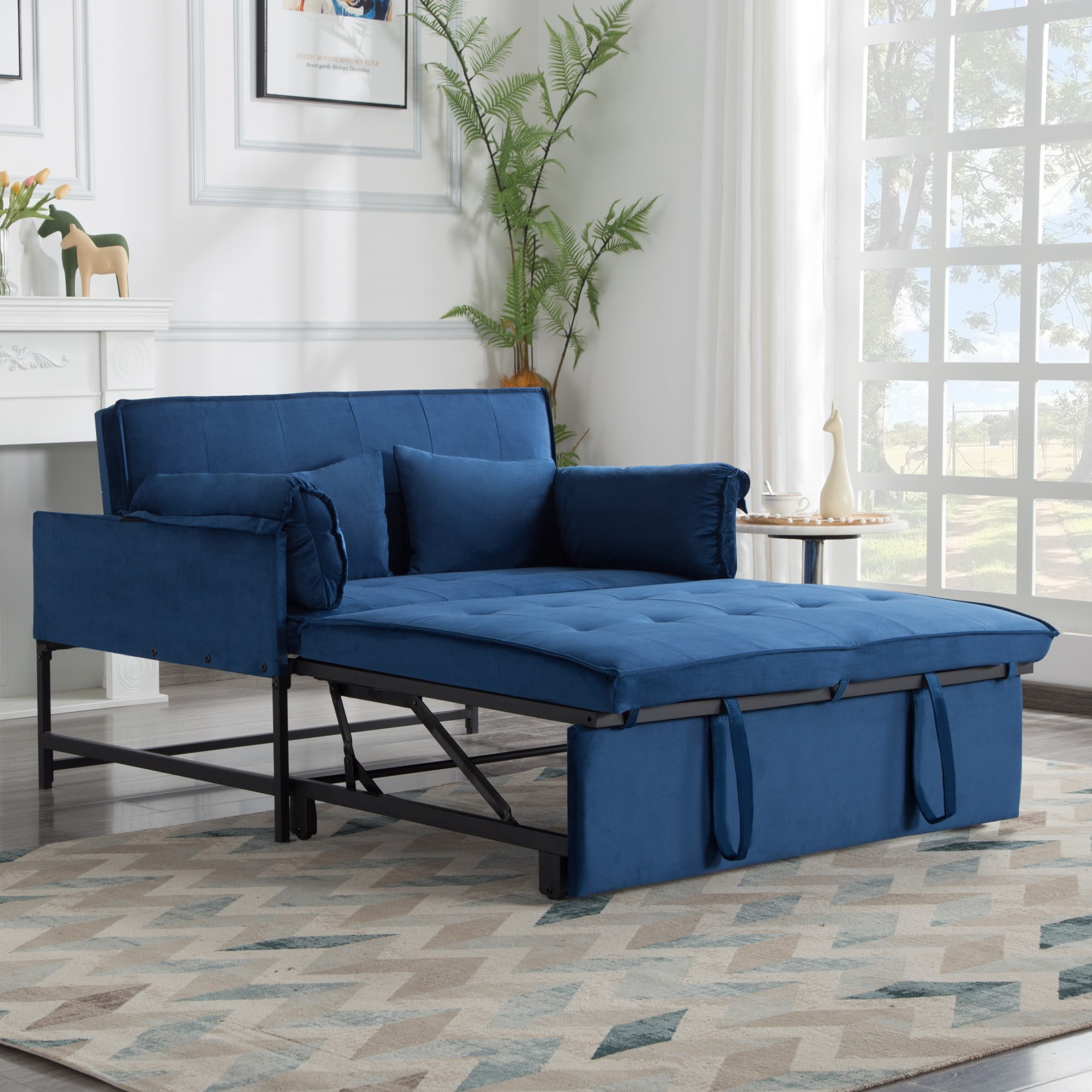 BSHTI 46" Velvet Pull-Out Sleeper Sofa Bed with Adjustable Back, 2 Pillows, Metal Frame for Living Room/Bedroom（Navy Blue）
