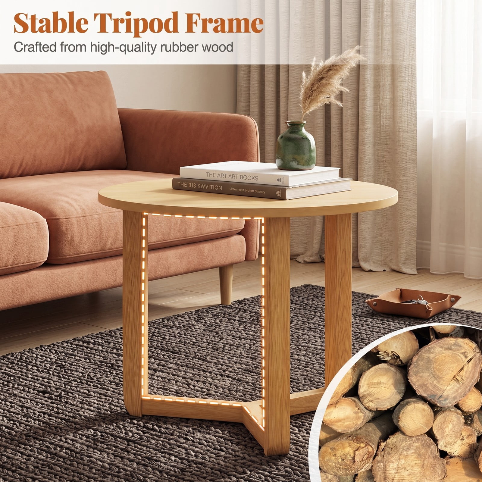 Furnibear Round Nesting Coffee Table Set of 2, Wood Nesting End Tables with Thickened Tabletop and Tripod Frame for Living Room, Space-Saving Side, Natural Walnut