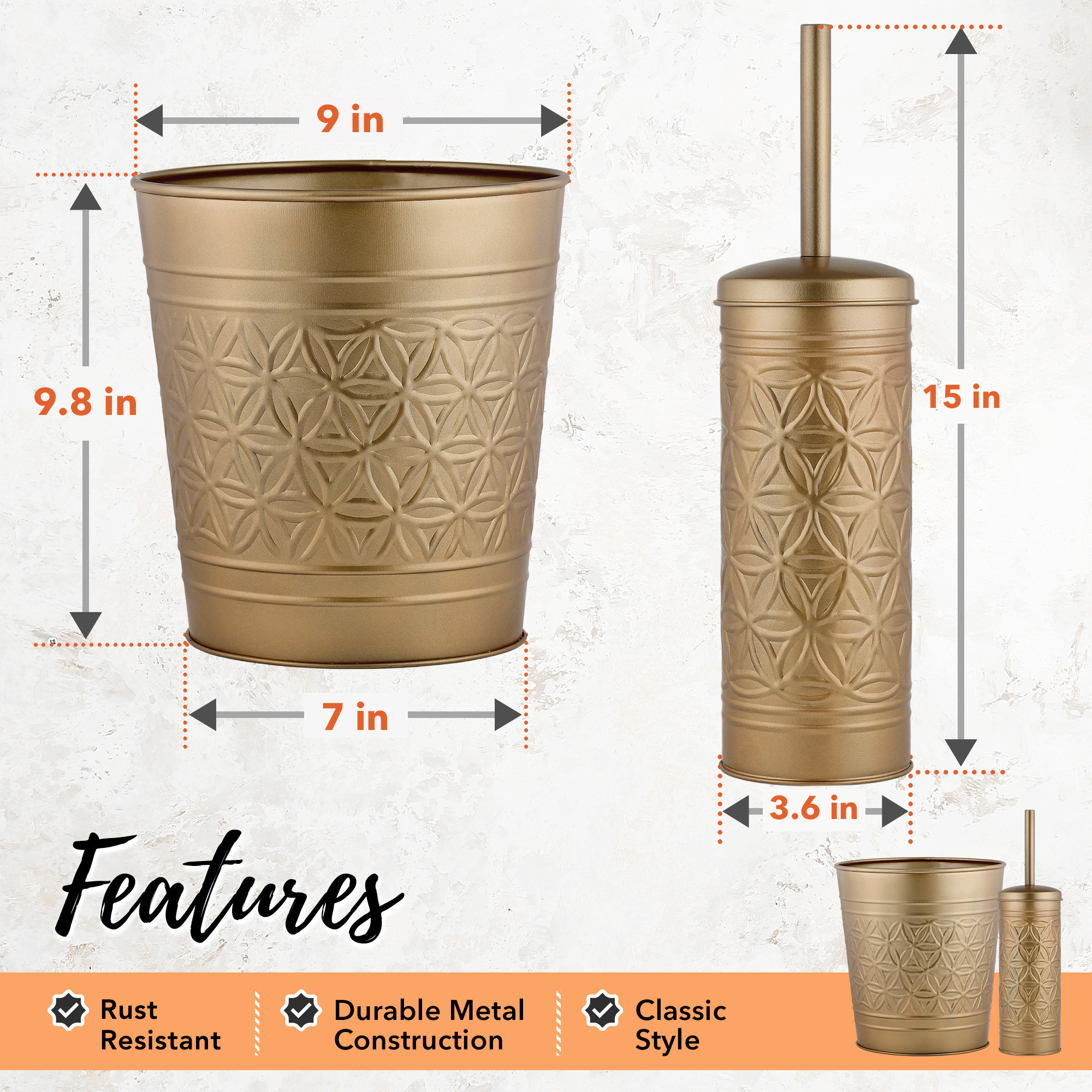 Autumn Alley Farmhouse Gold Bathroom Accessories Set – Includes Gold Bathroom Trash Can & Toilet Brush with Holder, Handcrafted Modern Waste Bin & Standing Toilet Brush, Embossed Metal Design Décor