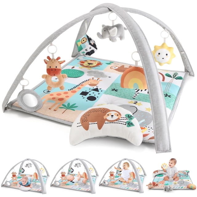 The Peanutshell Unisex Baby Play Gym & 7-in-1 Play Mat - Playmat Baby Toys 0-6, 6-12 Months Tummy Time Mat with Hanging Toys, Soft Padded Mat for Newborns, Infants - Safari
