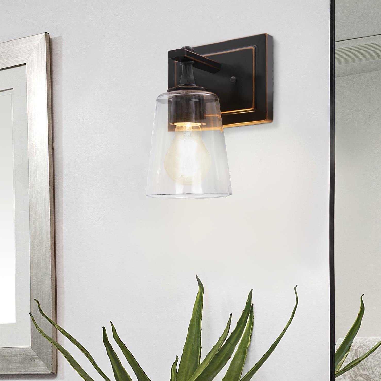 Maxxima LED Wall Sconce Light Fixture, Black with Brown Trim, 800 Lumens 2700K Warm White A19 Bulb Included