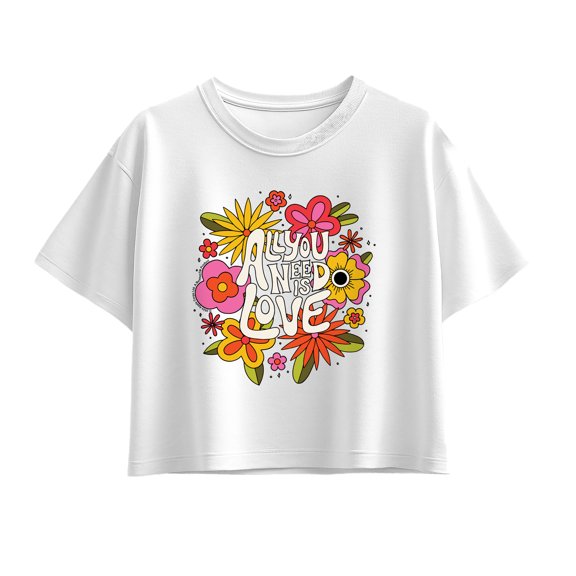 The Beatles - All You Need Is Love Retro Floral Girls' Short Sleeve Boxy Graphic T-Shirt
