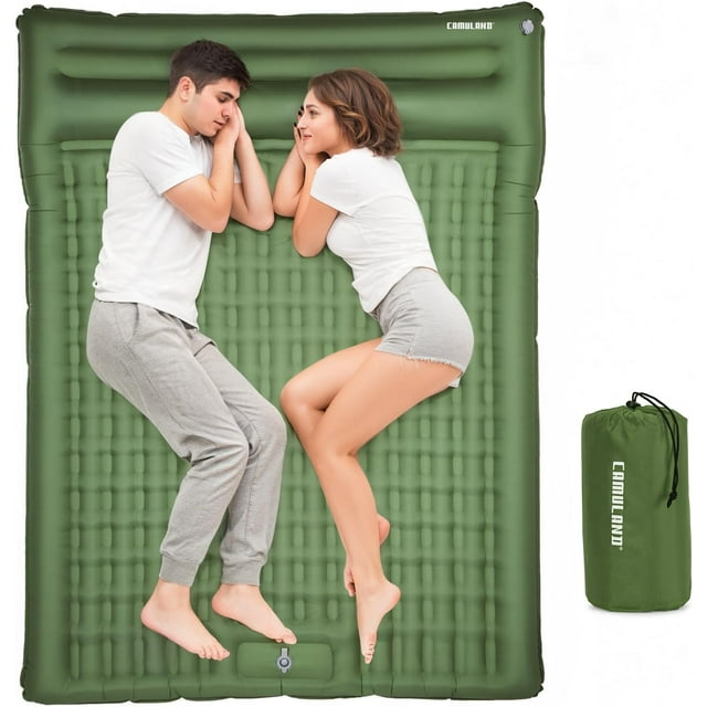 Tapis de Couchage de Camping Double Auto-Gonflant Vert avec Oreiller Intégré et Pompe à Pied, avec Sac de Transport, Imperméable, Matelas de Camping Ultraléger et Portable pour le Camping, la Randonnée Sac au Dos, la Randonnée