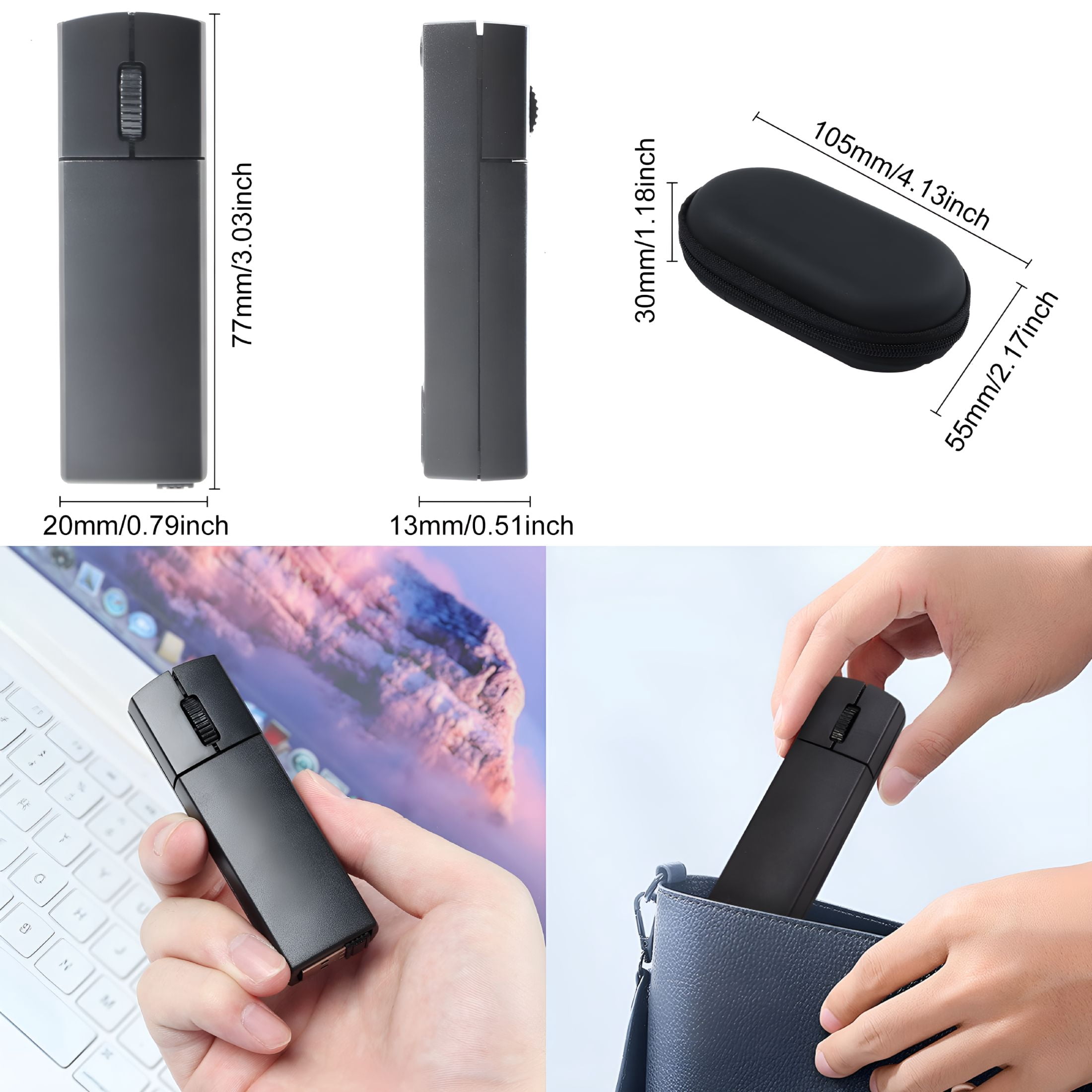 GJX Wireless Mouse Bluetooth Mini Silent Dual-Mode 2.4Ghz&Bluetooth Computer Mice with Case Rechargeable Portable Small Wireless Mouse for Laptop Pc Desktop Macbook Tablet Kids Gift,Black