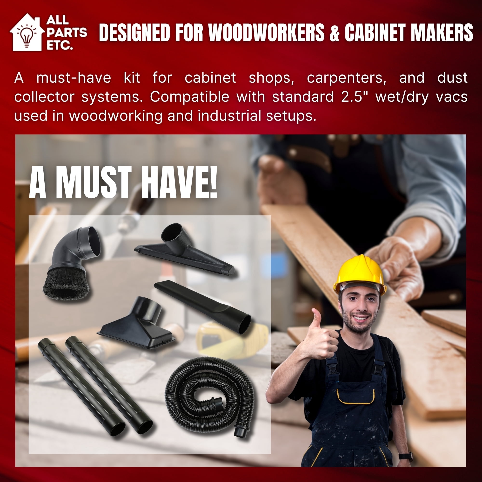 2.5" Shop Vac Attachments – 7-Piece Kit with Hose, Extension Wands, Utility Nozzle, Crevice Tool – Wet Dry Vacuum Accessories for Woodworking Shops, Dust Collector, Garage, Cabinet Use