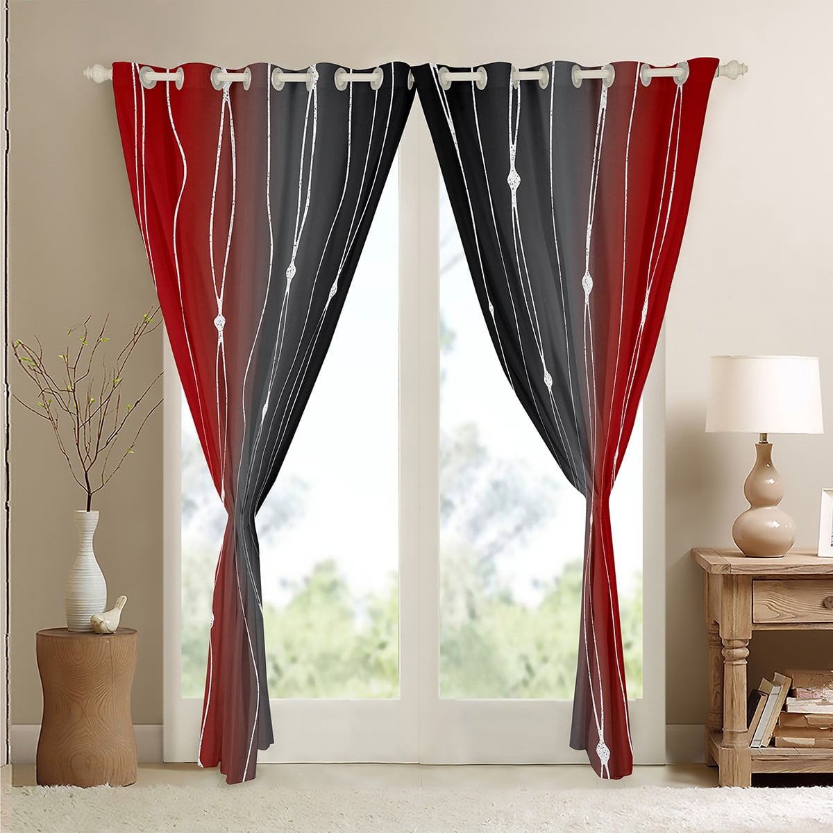 Black and Red Watercolor Curtains Wave Stripe and Dots Curtains & Drapes, Geometric Aesthetic 30%-50% Blackout Curtains Ombre Gradient Living Room Curtains, Modern Abstract Lines Window Treatments