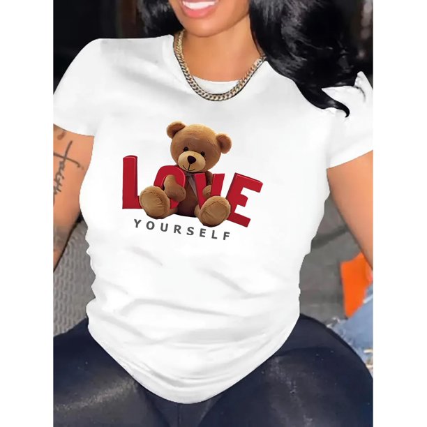 Camiseta para mujer con Cuello de veranoWomen's "LOVE YOURSELF" Teddy Bear Graphic Tee - Casual & Sporty Round Neck Short Sleeve, Comfortable Polyester Blend Summer Top, Machine Washable, Casual Sum