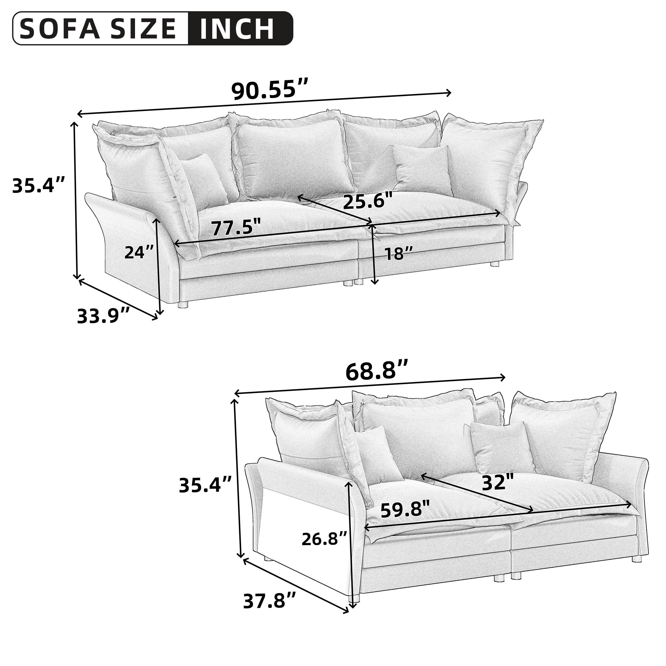 Aukfa 90.55" Overstuffed Sofa Cloud Couch, Convertible Deep Seat Chaise Longue with Large Pillows for Living Room, Beige