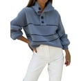 thumbnail image 3 of Women'S Slouchy Waffle Knit Sweater 1/2 Button Collared Pullover Striped Sweater Tops Blue XXL, 3 of 8