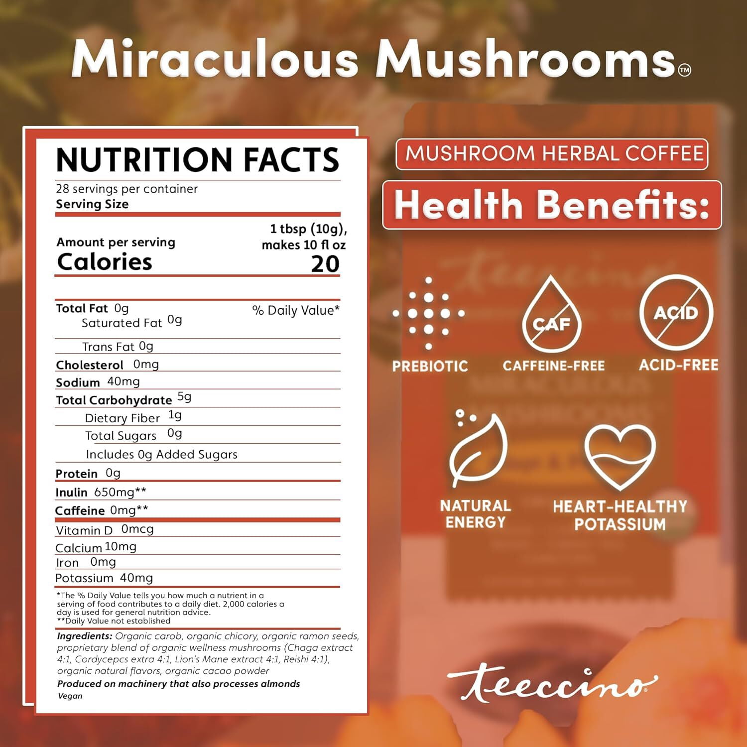 Teeccino Miraculous Mushrooms Adapt & Protect Coffee Alternative, 10 Oz – 5 Organic Adaptogenic Mushrooms with Chicory & Cacao