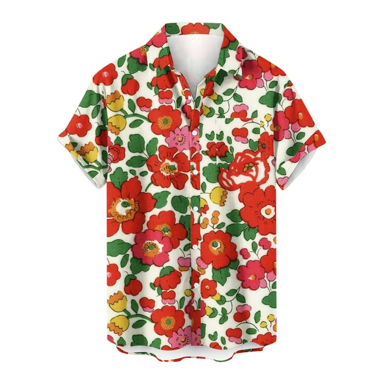 ZCFZJW Hawaiian Floral Print T-Shirts for Men Casual Button Down