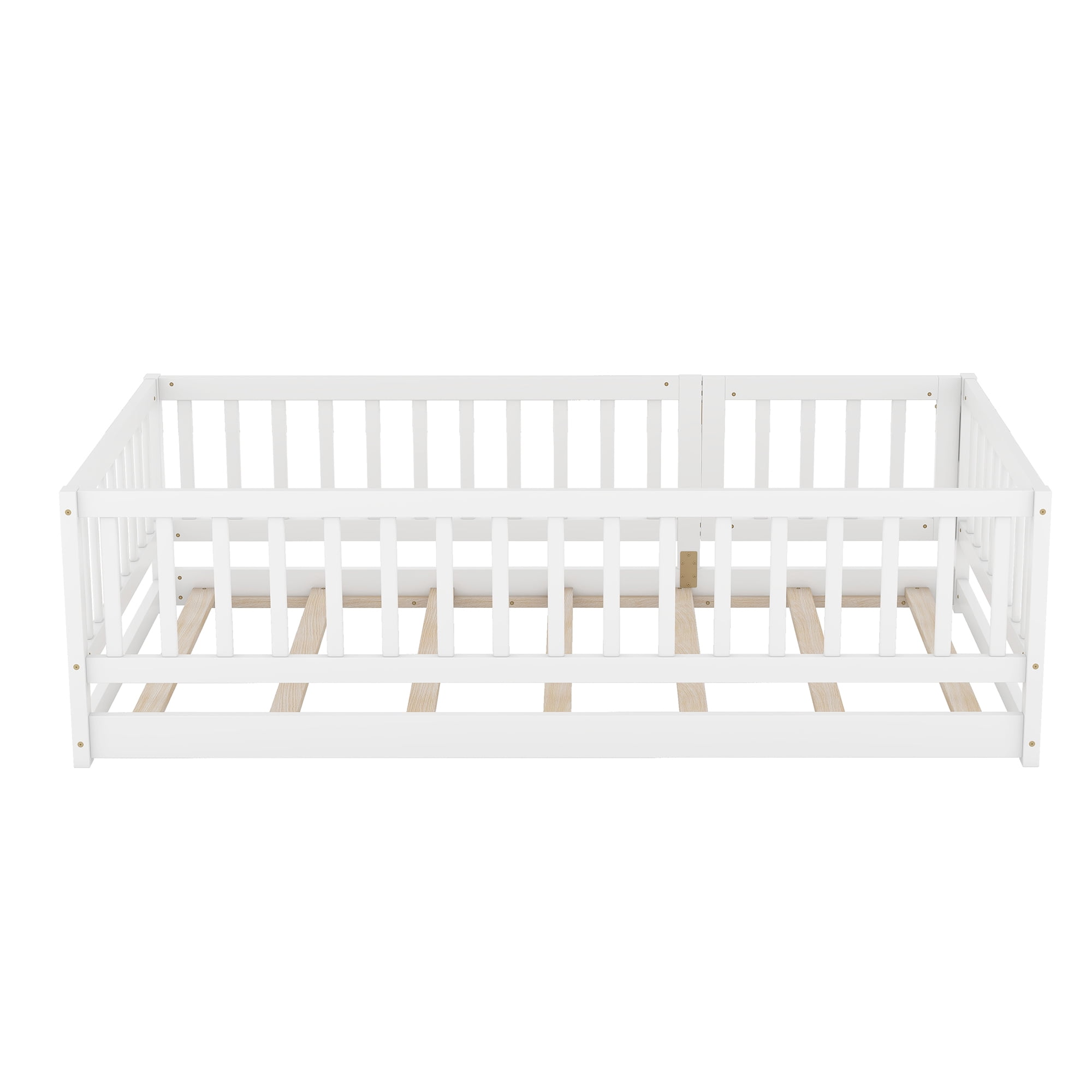 Twin Size Floor Bed with Slats, Montessori Floor Bed with Fence and Door, Kids Montessori Bed Twin Size, Wood Montessori Floor Bed for Kids, Girls, Boys(Twin White)