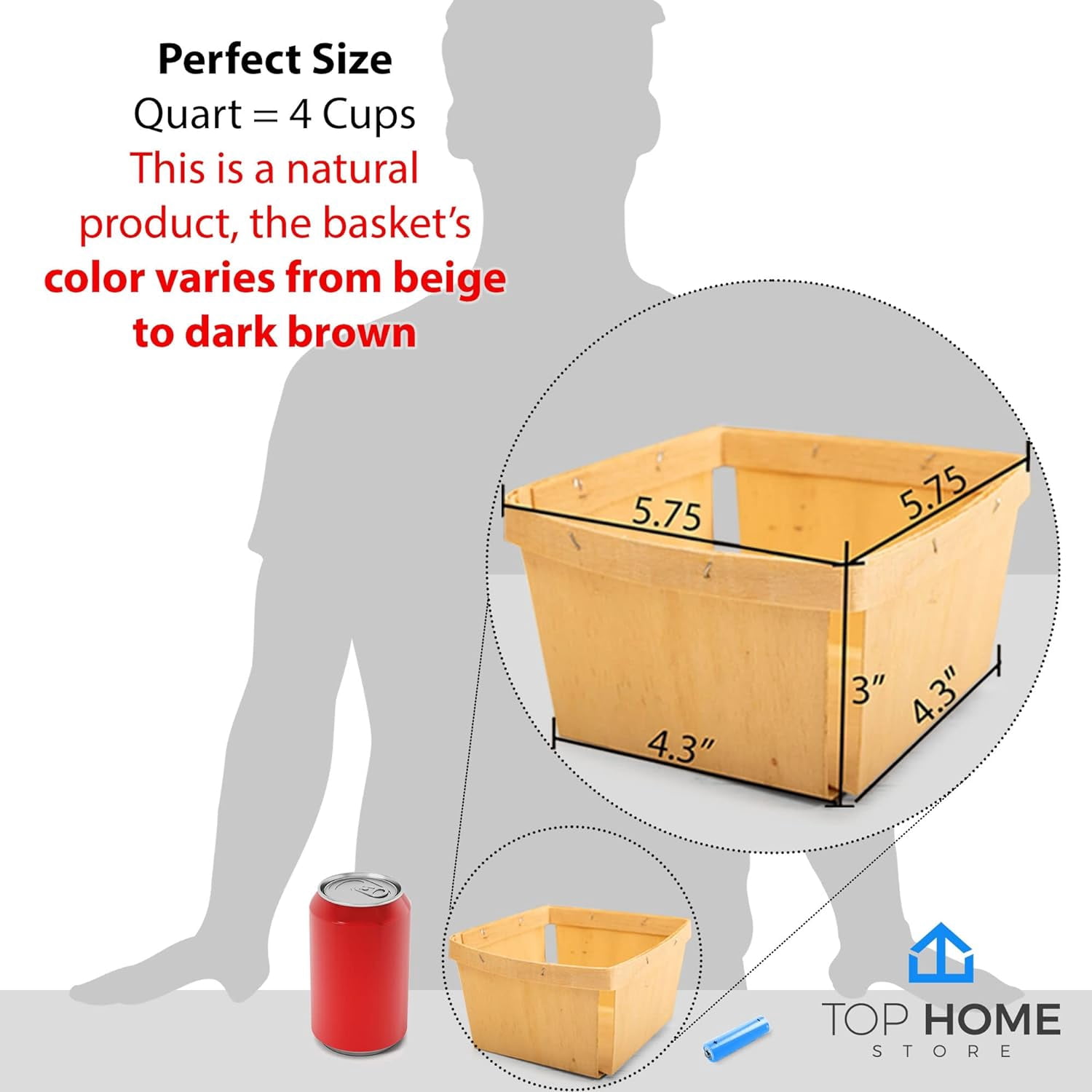 Top Home Store 10-Pack Quart Wooden Berry Baskets - 5.75” Square Vented Wood Boxes for Fruit Picking, Arts, Crafts, and Home Decor