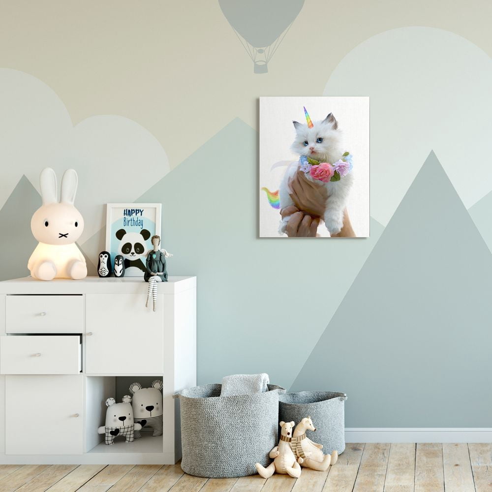 Stupell Industries Floral Kitten Fantasy Feline Rainbow Horn and Tail Canvas Wall Art Design by Ziwei Li