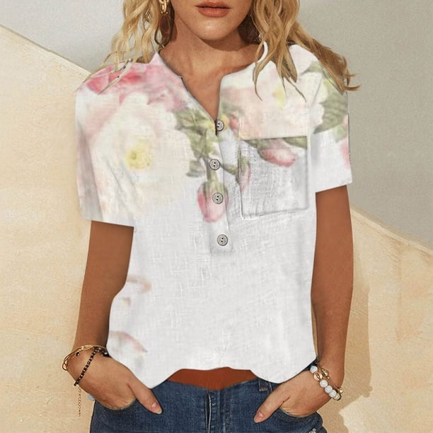 ICHUANYI Clearance Women Summer Casual Short Sleeve T-Shirt Button Round Neck Pullover Blouse Tops(Pink, XXL) ICHUANYI WER2023080914802