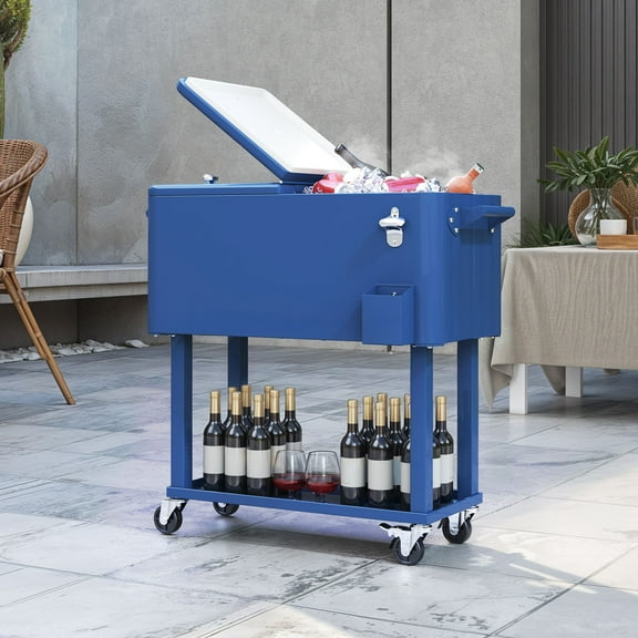 ModFusion 80 Qt Mobile Beverage Cooler Cart with Lockable Swivel Wheels Bottle Opener Storage Shelf Outdoor Party Cooler