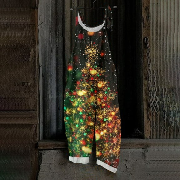 Resicozy Ugly Christmas Linen Jumpsuits for Women 2025 Plus Size Overalls Xmas Print Jumpsuit Rompers Dressy Outfits Pants Green M