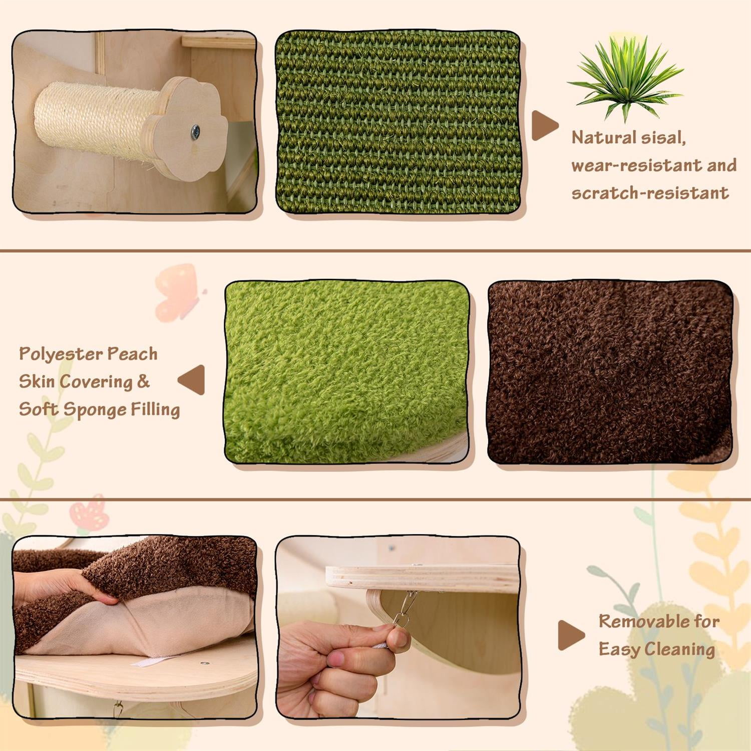 Pefilos Wall-Mounted Cat Tower, Cat Wall Shelves & Cat Bed, Hammock & Sisal Scratching Posts, Green