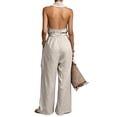 thumbnail image 5 of Cotton Linen Jumpsuits for Women Halter Deep V Neck Casual Rompers Tie Waist Wide Leg Loose Fit Summer Overalls with Pockets, 5 of 5