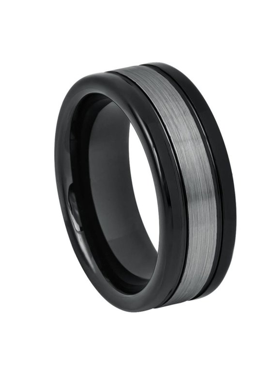8mm High Polished Shiny Black IP Plated Sides Dark Gray Brushed Center Wedding Band Ring For Men Or Ladies