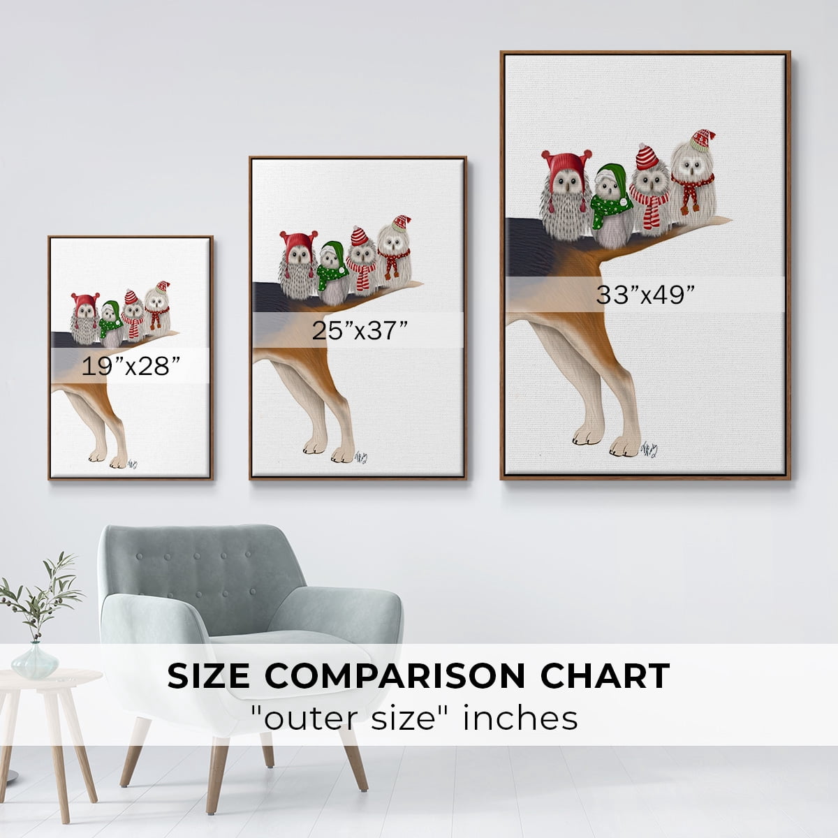 Christmas Bummer Owls - Framed Gallery Wrapped Holiday Canvas - 17 x 25 - Rosewood Frame