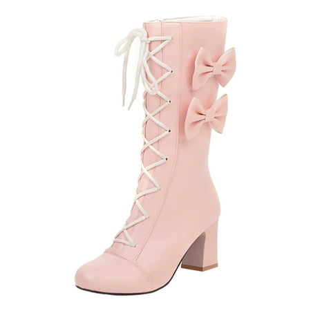 

DVKOVI Fashion Boots for Women Womens Mid Calf Boots 2024 Autumn and Winter New Korean Women Pink Bowknot Heel High Heel Mid Calf Boots High Heel Boots for Women Pink 40