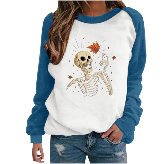 Sudadera Para Mujer Sudaderas Con Cuello Redondo Festival de Moda Esqueleto Impreso Blusa de Manga Larga Cuello Redondo Suéter Informal Tops Sudaderas Odeerbi ODB132749