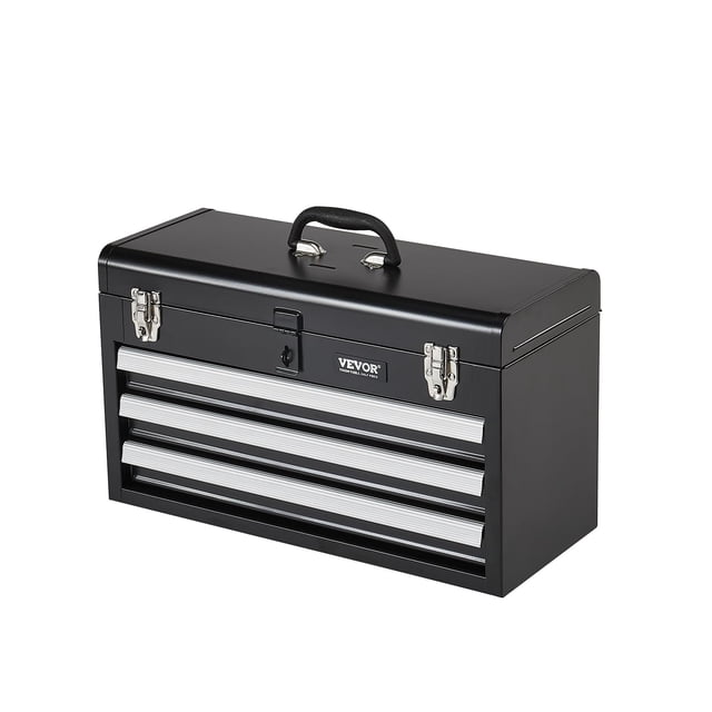 caja de herramientas vevor metal 52,07 cm portátil con 3 cajones y cerradura caja de metal portátil negra, vista frontal centrada con asa superior, cerradura central y dos pestillos metálicos; tres cajones deslizantes con frentes plateados y guías de rodamiento visibles; superficie metálica lisa con logo VEVOR; fondo blanco. Adecuada para guardar y transportar herramientas manuales en taller o maletero.