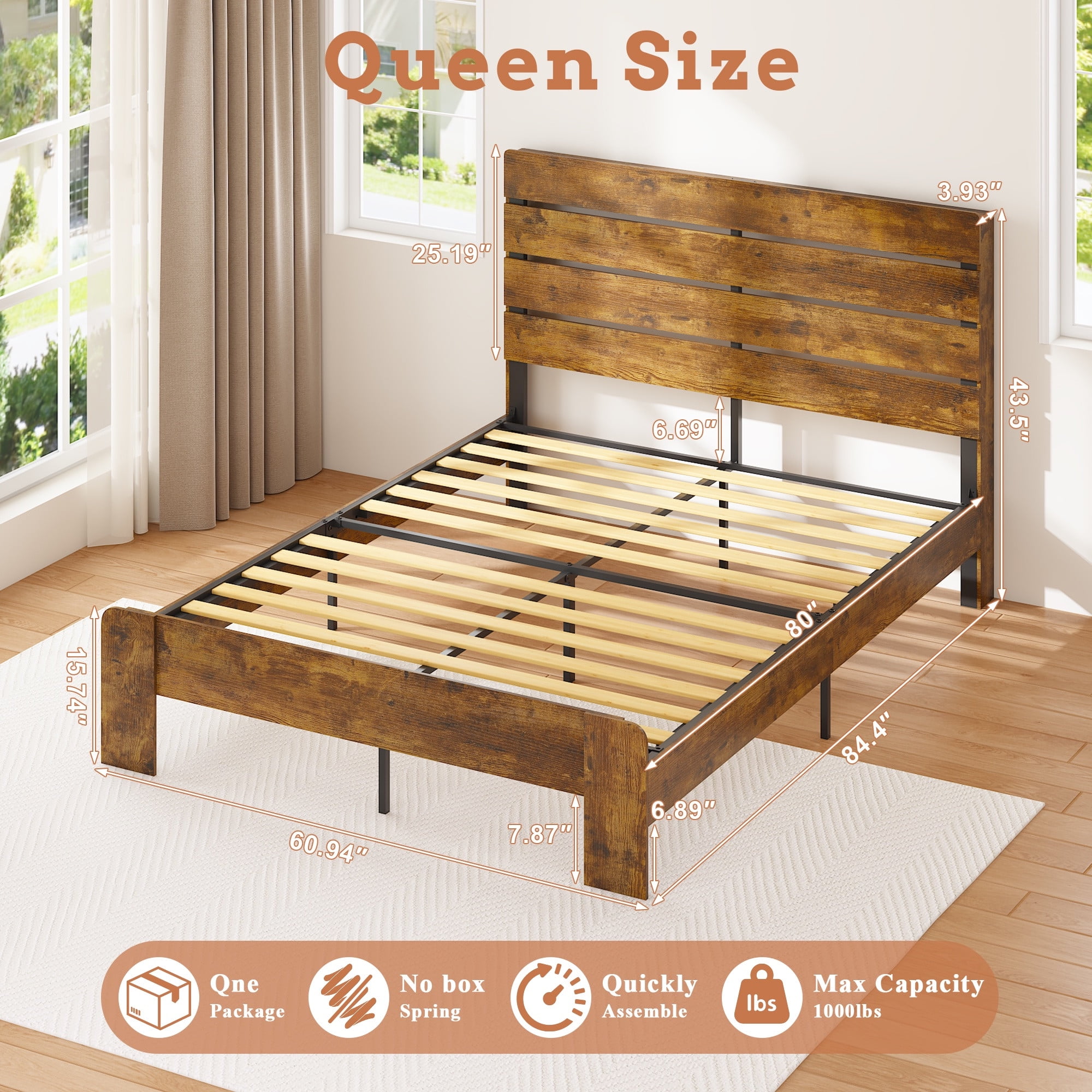 Wood Queen Bed Frame with Headboard, Holaki Rustic Farmhouse Platform Bed Frame with USB Port & LED Lights, Heavy-Duty Wood & Metal Frame, No Box Spring Needed, Easy Assembly