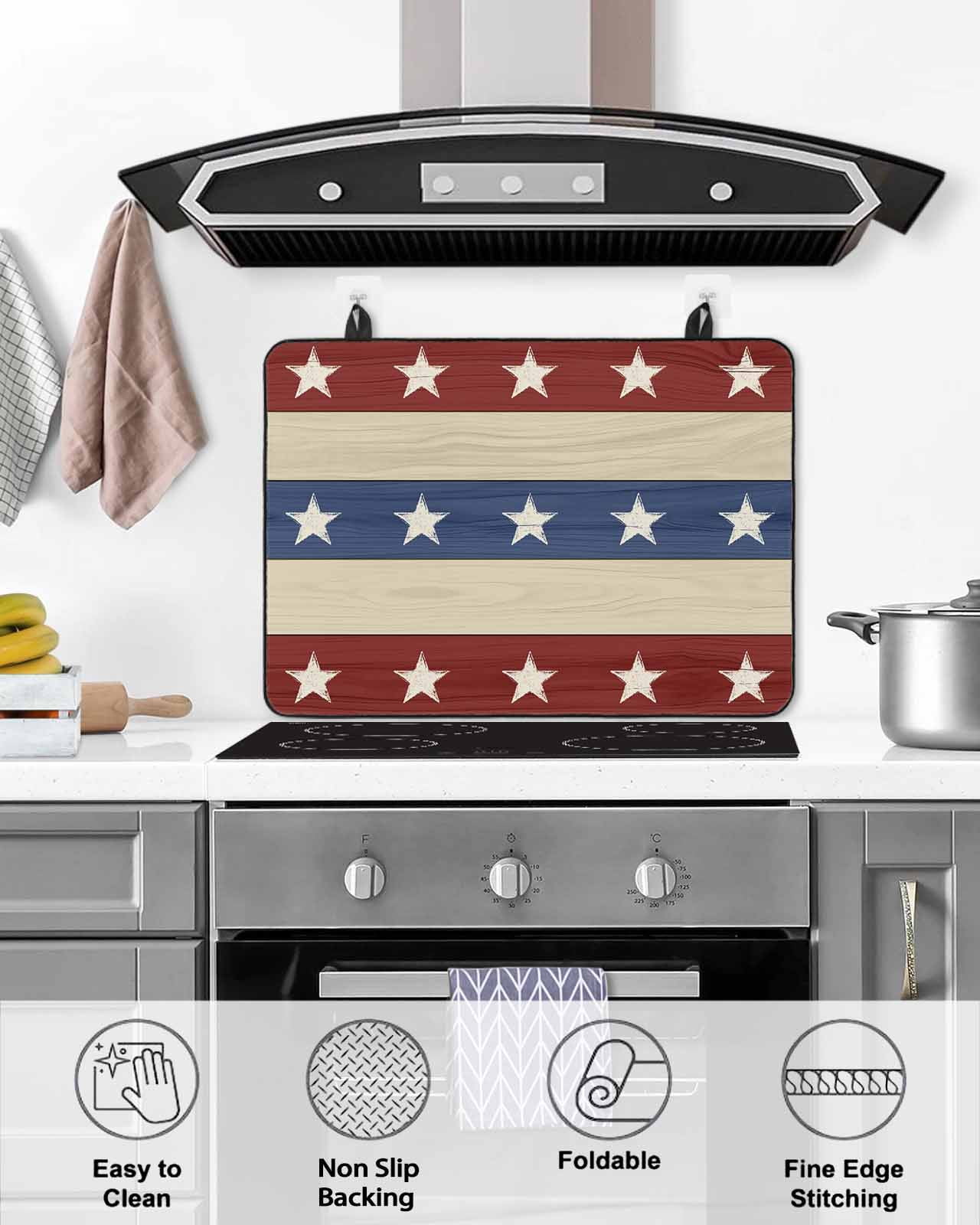 nqOlkjepod Large Induction Cooktop Protector Mat 24"x21", 4th of July Stove Top Covers for Electric Stove, Blue Red Star Striped Independence Day Stove Burner Cover Mats, Glass Top Stove Cover