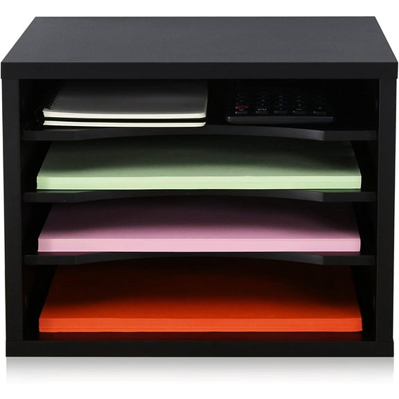 Wood Desk Paper Organizer with 4 Tiers Storage, Desktop File Holder, Document Letter Sorter Tray with Adjustable Shelves, Home Office Wooden Mail Rack, Black