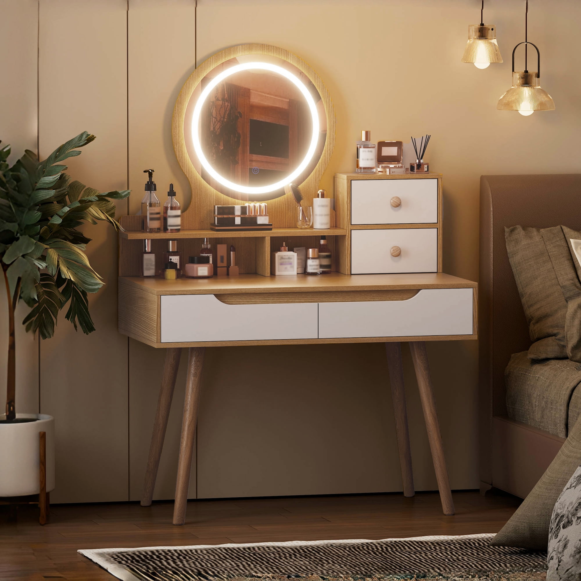 Montary Vanity Desk w/ 3 Modes LED Mirror & Solid Wood Legs | 4 Drawers + 3 Shelves | Small Space Bedroom Set