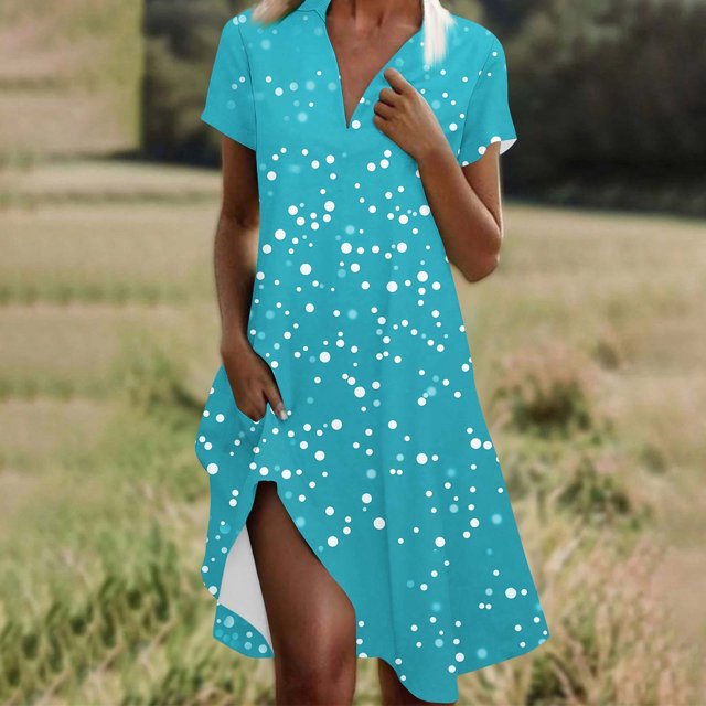 Ovzne Robes d'Été pour Femmes Robe Mode Femmes Imprimé à Pois Col en V Manches Courtes Robe Ample et Confortable Grande Taille Robe Maxi Manches Courtes Imprimée Liquidation