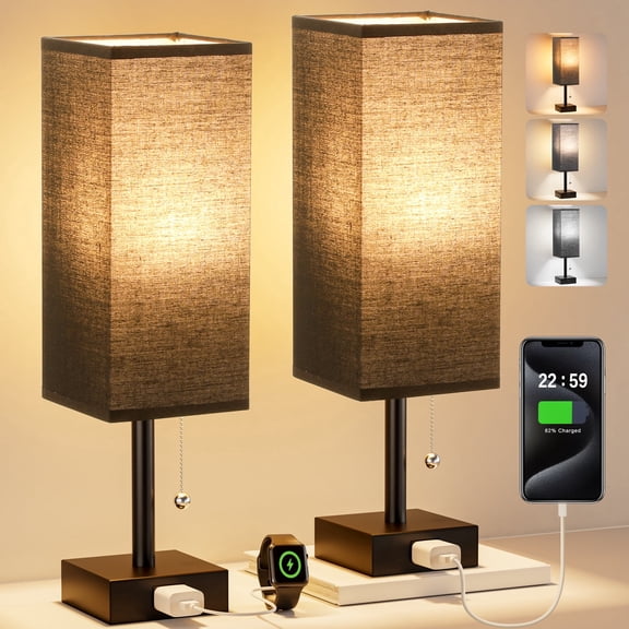 NiteLoom Bedside Table Lamps Set of 2 with AC Outlet, 3 Color Temperature Pull Chain Control, Modern White Nightstand Light for Bedroom, Office, Dorm, Black