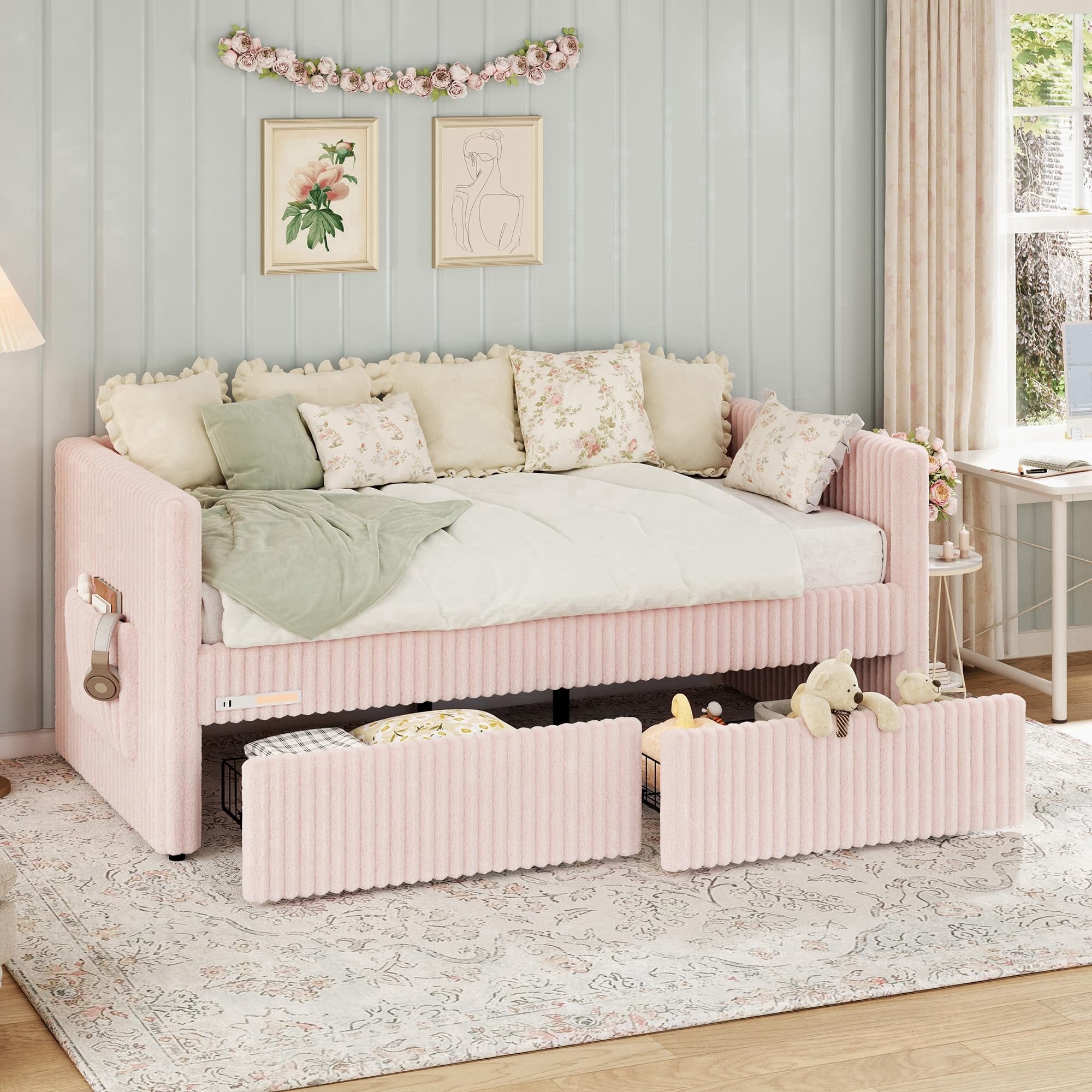 Merluxy Twin Size Corduroy Daybed with 2 Storage Drawers & Bedside Pockets, Upholstery Sofa Bed with Charging & Light, for Living Room, Bedroom,Pink