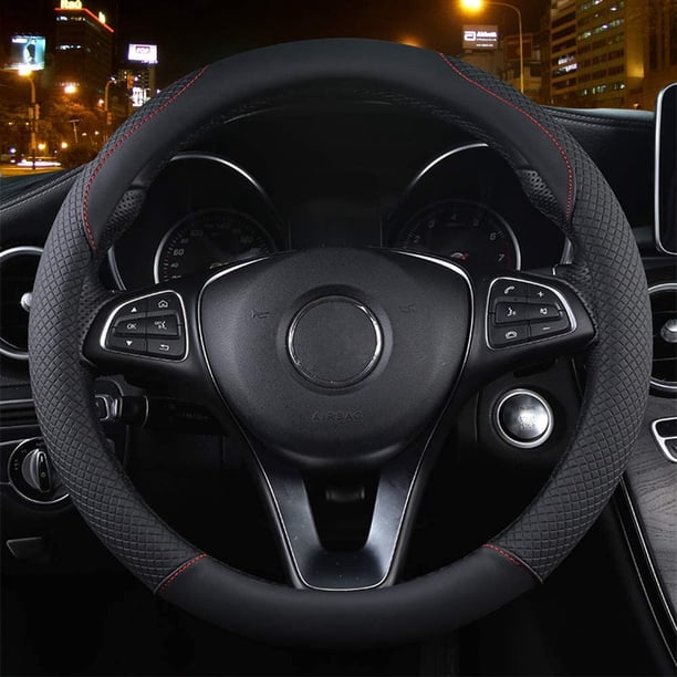 Funda para volante de coche (negro y rojo), de cuero, 37-39 cm, antideslizante, transpirable, de fibra de carbono, elástica, universal y profesional.