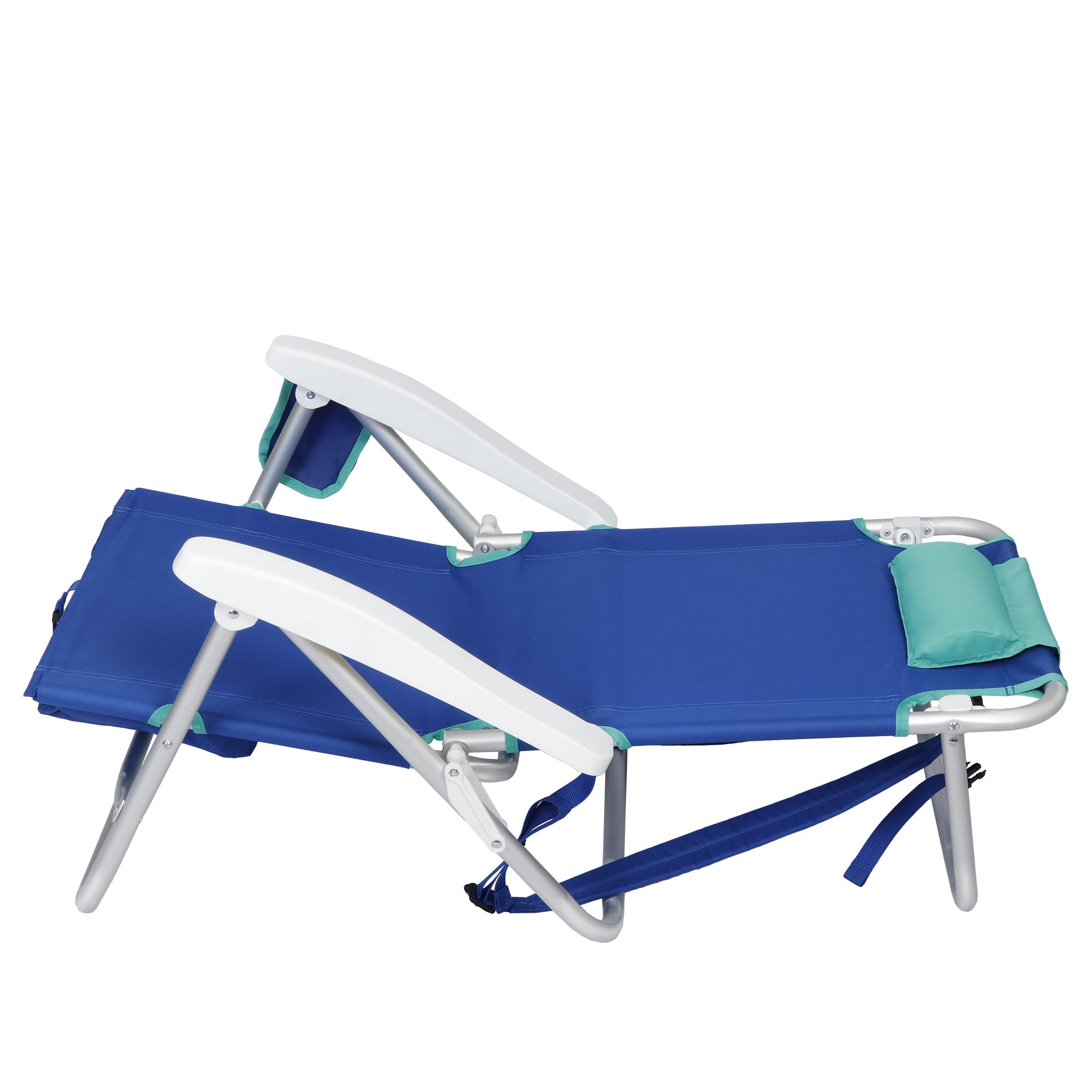Mainstays Reclining and Lay Flat 2-Pack Beach Chair with Backpack Straps, Blue