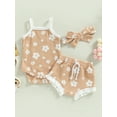 thumbnail image 3 of Baby Girl Floral Summer Clothes Set Waffle Knit Spaghetti Straps Romper Ruffle Shorts Bloomers Headband 3M 6M 12M 18M, 3 of 10