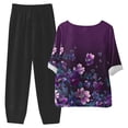 thumbnail image 5 of DDAPJ pyju Womens Cotton Linen 2 Piece Outfits Dressy Floral Print Half Sleeve Blouse Tops with Elastic Waist Capri Pants Suits Plus Size Lounge Matching Set Purple XXXXL, 5 of 6