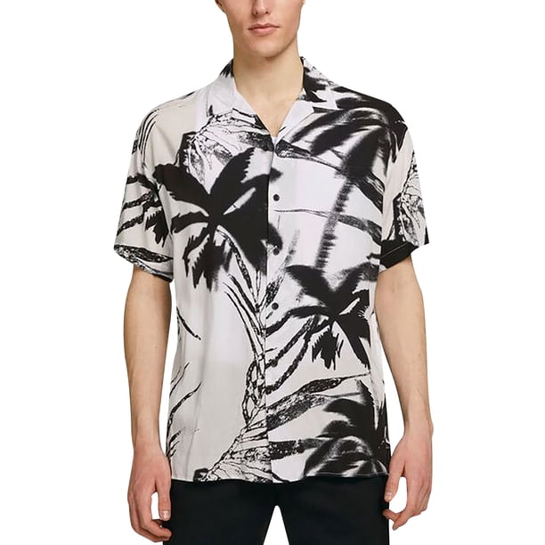 Camisas De Mezclilla Para Hombre Camisa informal con estampado Floral de solapa suelta para hombre, puños de manga corta con botones, camisa Floral estilo puerto, Top de verano hawaiano (White, M)