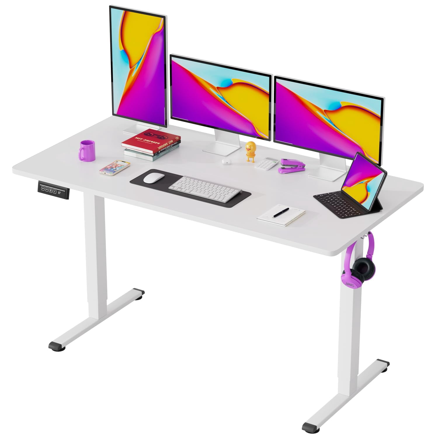 YRLLENSDAN Electric Standing Desk Adjustable Height, Rising Work Desk for Home Office, Large Computer Desk with Cable Management, PC Gaming Table Desk that Raises Up and Down, White 55 Inch