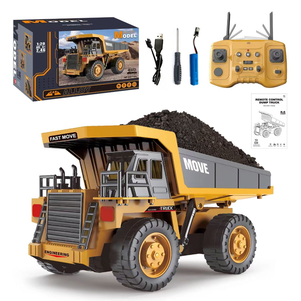 Remote Control Dump Truck Toys,13 Channel 4WD RC Construction Toy Vehicles with Sounds & Lights, 2 Batteries,Christmas Birthday Gifts for Boys Kids Age 3+