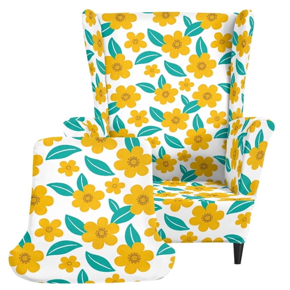 HELLHERO Spandex 2 Piece Wingback Chair Slipcover for Banquet, Stain Resistant Soft Single-Seat Wingback Armchair Covers, Yellow Floral Print