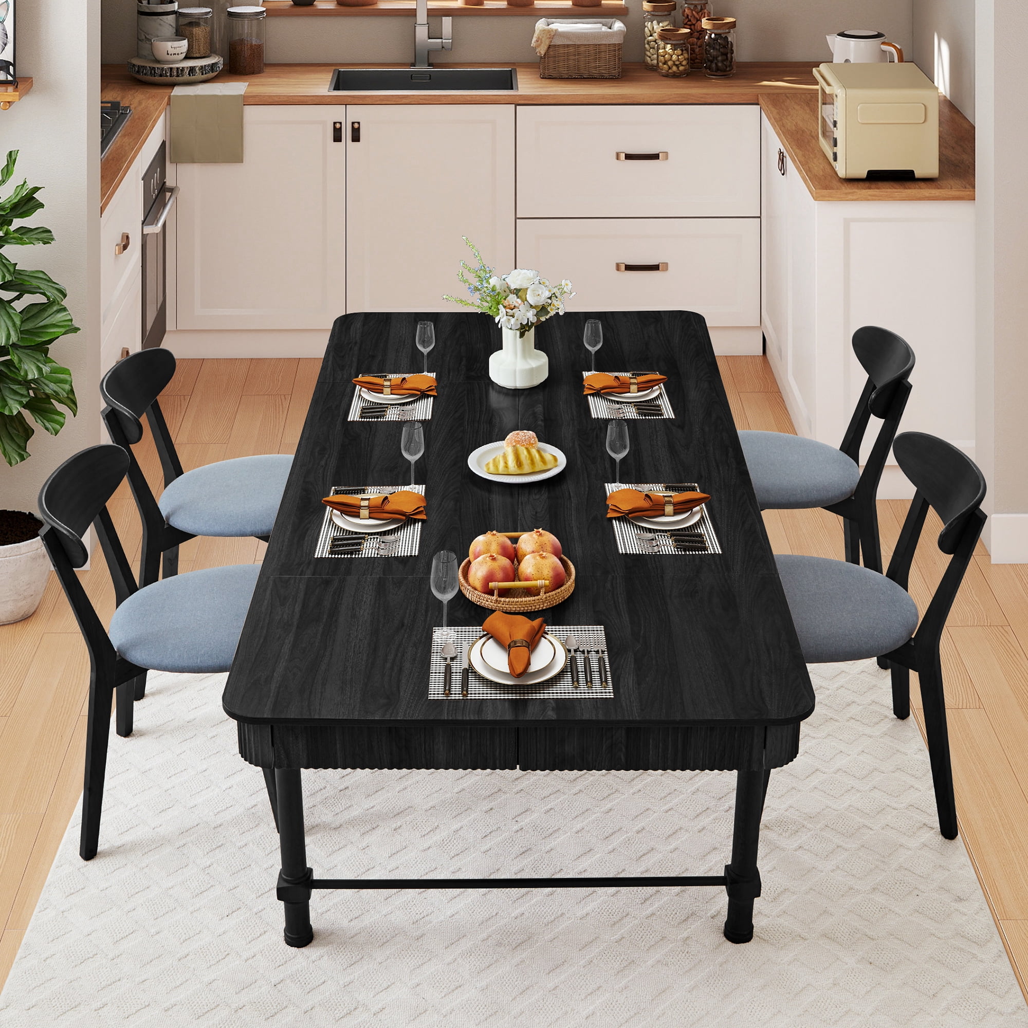 Weselon 78.74" Square Dining Table with 4 Drawers, Wood Fluted Dining Table with Storage Drawers, Seats up to 6,Large Kitchen Table for Casual Meals and Special,Dining Room, Black