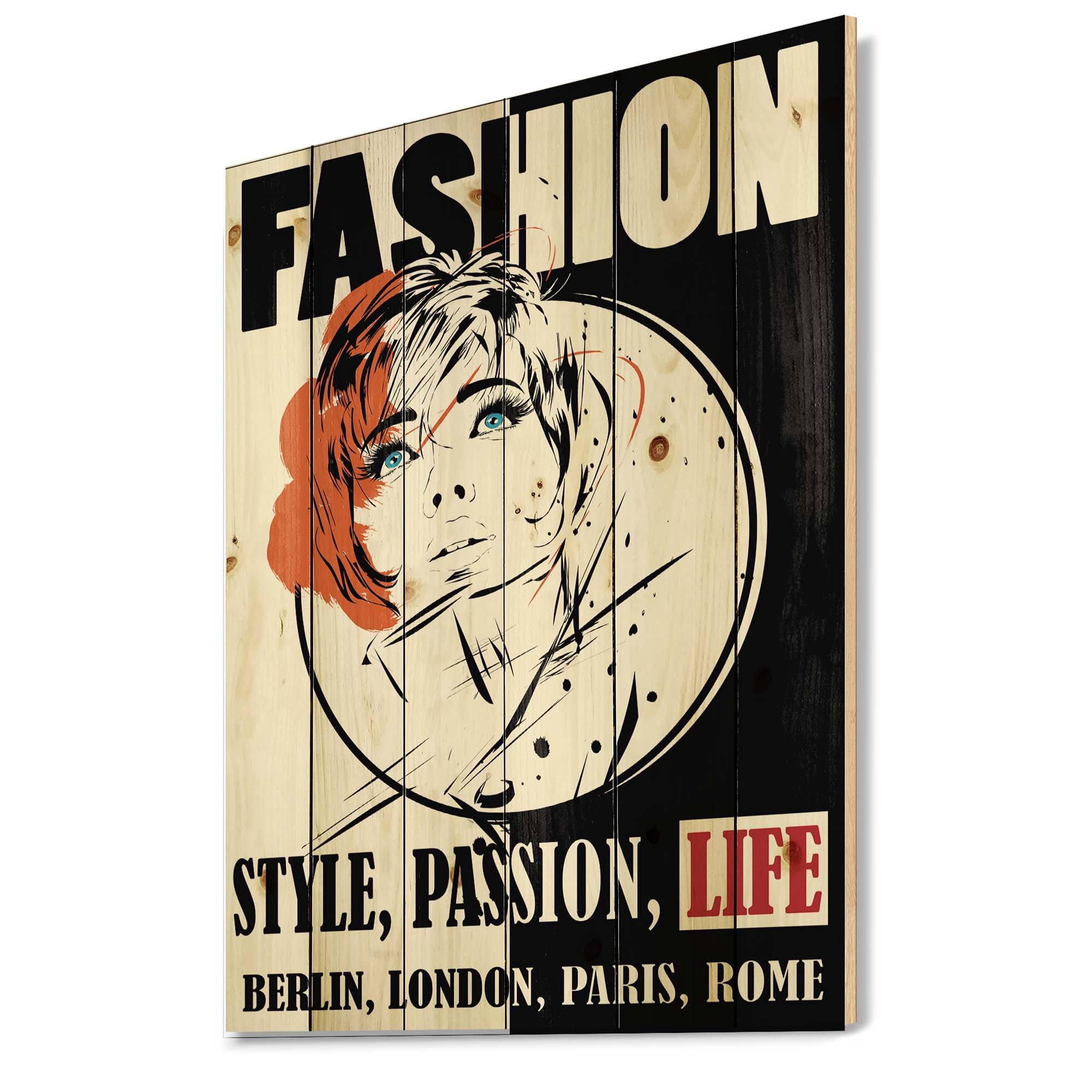 Designart 'Style Passion Life Fashion Woman IV' Vintage Print on Natural Pine Wood
