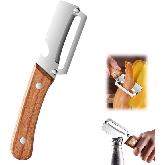 Multi-Functional Vegetable Peeler for Kitchen | Non-Slip Wooden Handle & Bottle Opener with Stainless Steel Blade for Fruits, Potato, Pumpkin