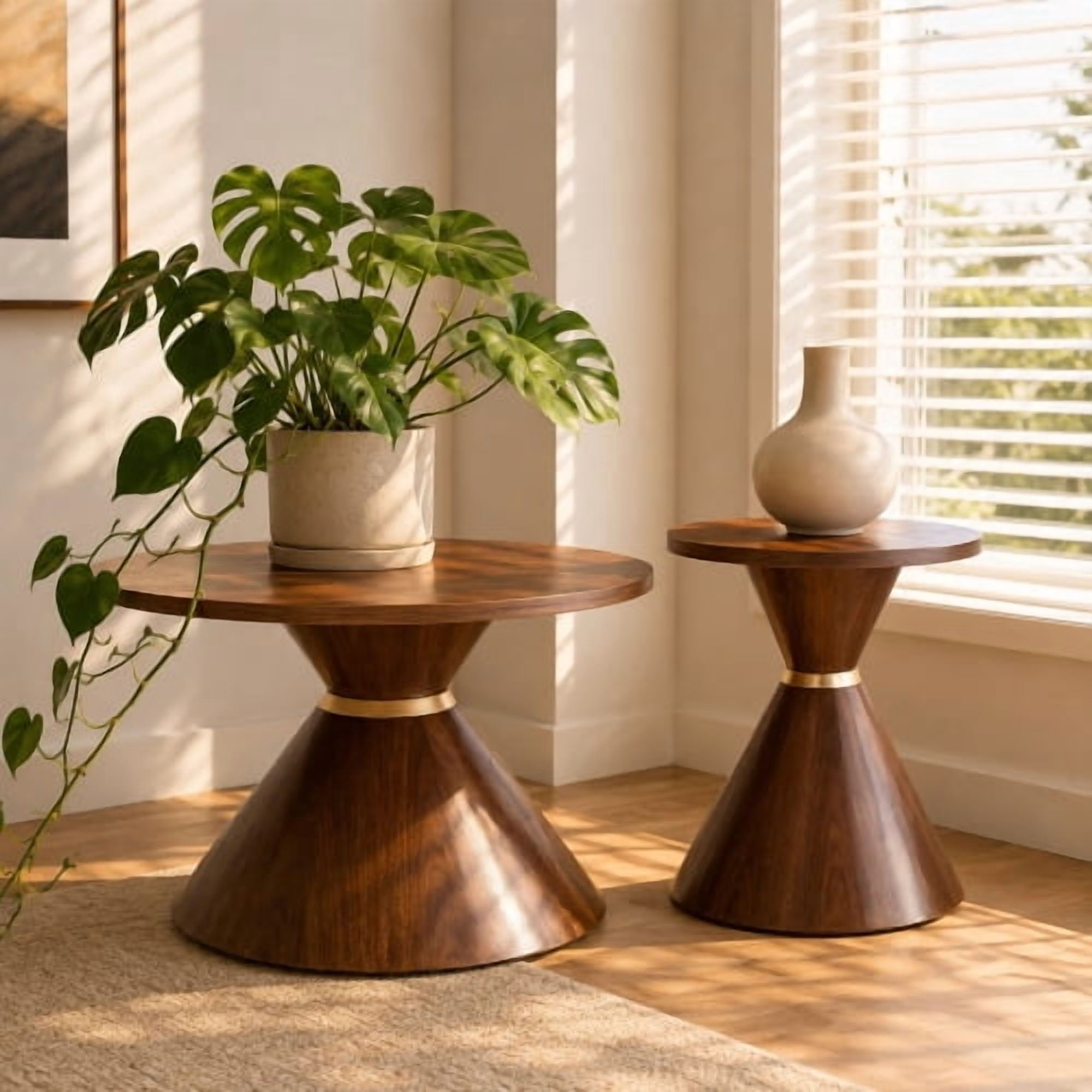 2-Piece Round Nesting Coffee Table Set, Walnut Wood Grain Tabletop with Metal Base, Mid-Century Modern Accent Tables for Living Room Bedroom, Nut Brown