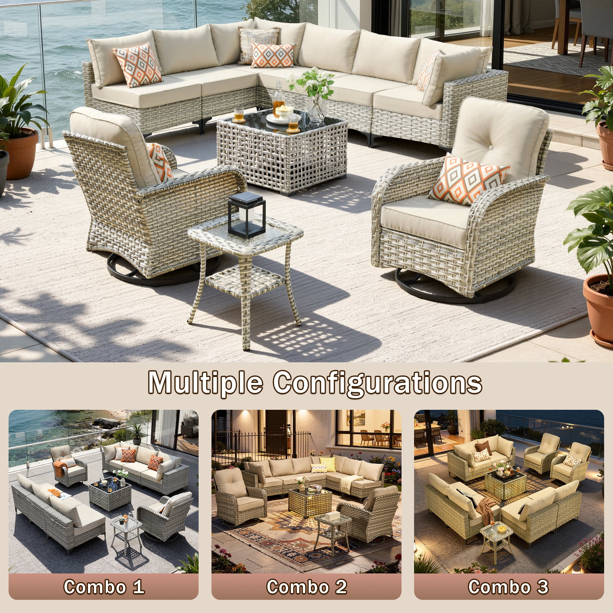 Vcatnet Outdoor Furniture 10 Pieces Patio Conversation Set All-Weather Rattan Wicker Outdoor Sectionals with Swivel Rocking Chair and Solar-Powered Coffee Table Beige
